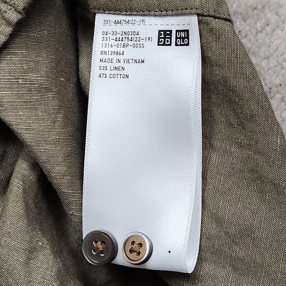 Uniqlo Shirt Mens Medium Green Linen Cotton Band Collar Short Sleeve Button - Picture 10 of 12